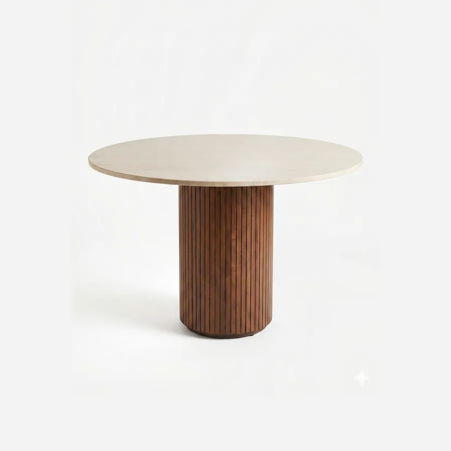 Kovo Dining Table dining table — walnut wood fluted column base in a natural finish, carrying a round top in beige travertine with a straight edge