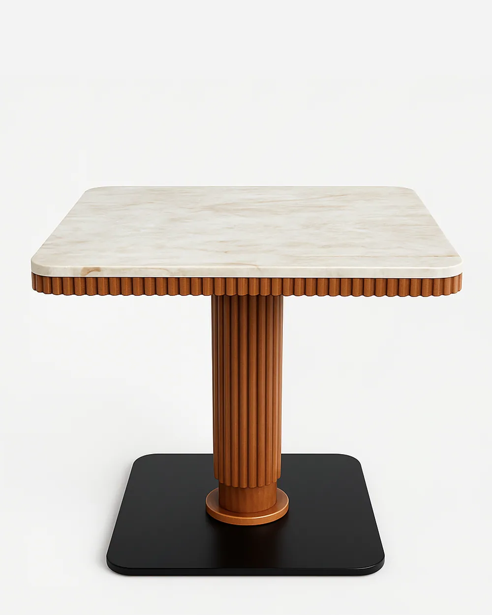 Kairo dining table — the tabletop features white engineered stone with subtle brown veining, finished at 20 mm thickness with softly round…