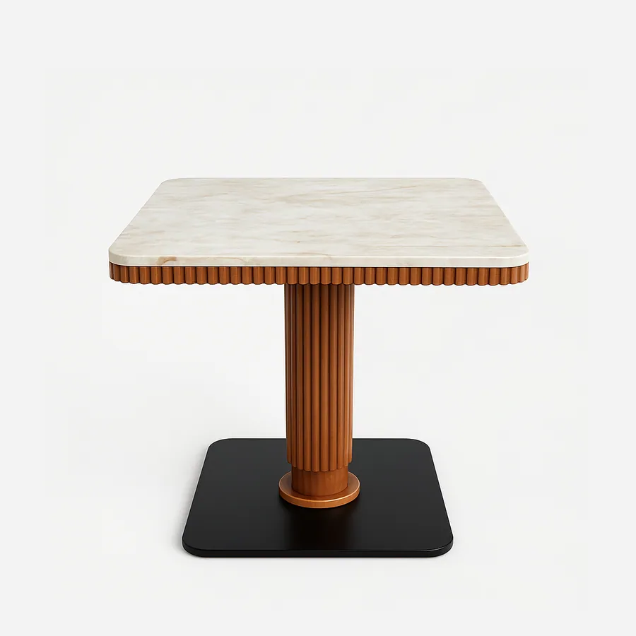Kairo dining table — the tabletop features white engineered stone with subtle brown veining, finished at 20 mm thickness with softly round…