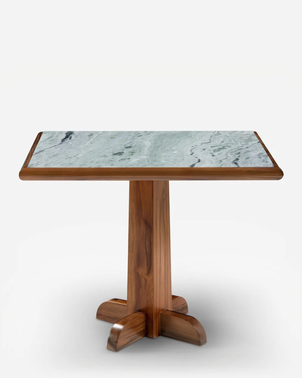 Liora dining table — a green marble inset tabletop sits on an oiled teak wood base frame, combining natural stone with warm timber for a b…