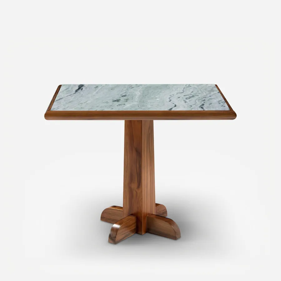 Liora dining table — a green marble inset tabletop sits on an oiled teak wood base frame, combining natural stone with warm timber for a b…