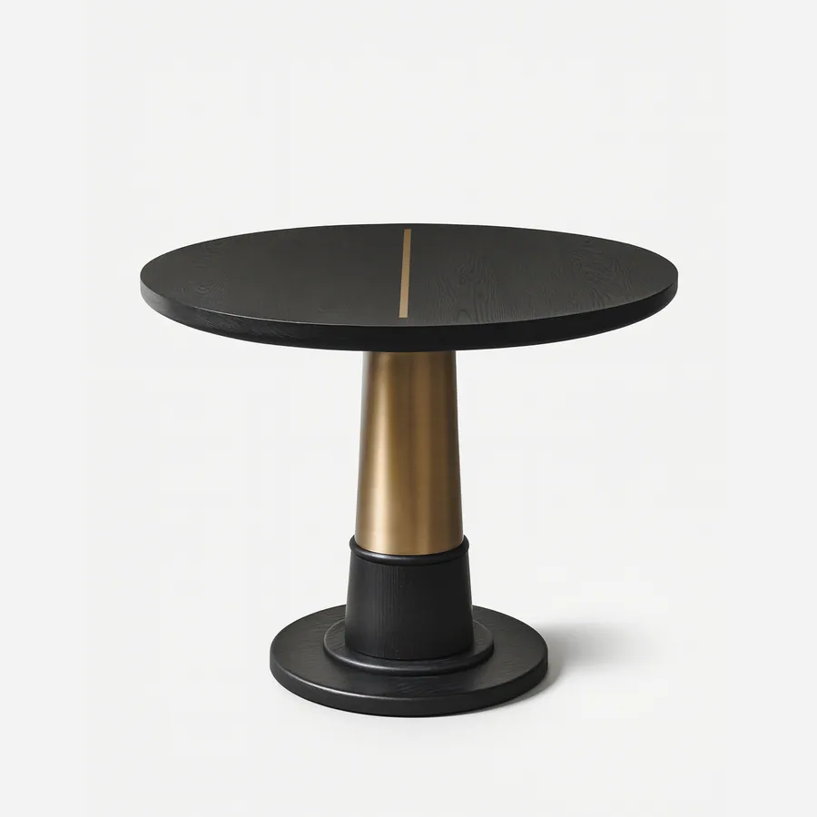 Maren dining table — the tabletop is crafted in MDF with a red oak veneer, stained and accented by a 10 mm wide stainless steel electropla…