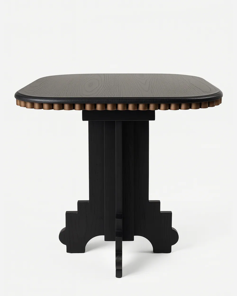 Meridian dining table — a 40 mm thick MDF tabletop with red oak veneer, stained in black and finished with a soft half-bullnose edge and gent…