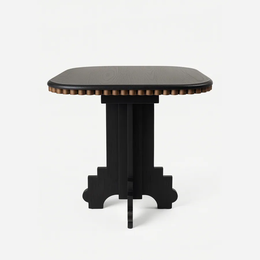 Meridian dining table — a 40 mm thick MDF tabletop with red oak veneer, stained in black and finished with a soft half-bullnose edge and gent…