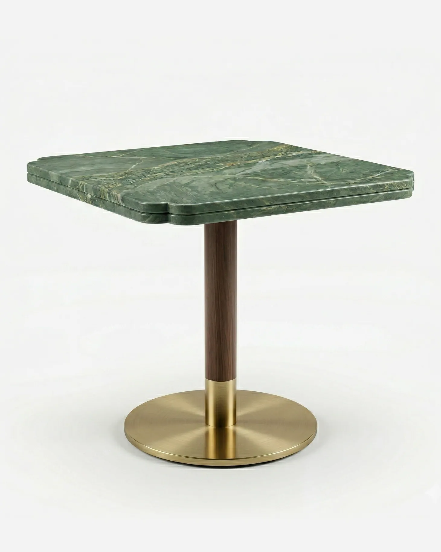 Nac Dining Table dining table — walnut wood upper column above a lower column and round base plate in electroplated brass-aged, carrying a square Ver…