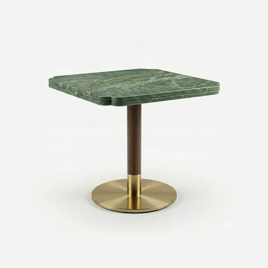 Nac Dining Table dining table — walnut wood upper column above a lower column and round base plate in electroplated brass-aged, carrying a square Ver…