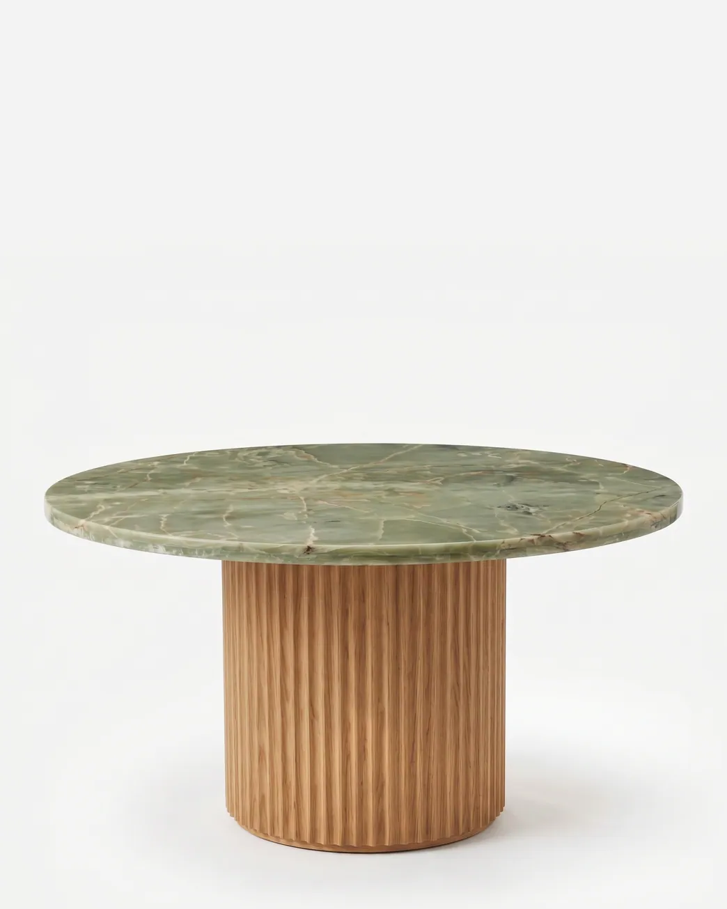 Nera Dining Table dining table — red oak wood fluted column base in a natural finish, broad and cylindrical, carrying a round top in Sienna Verde marb…