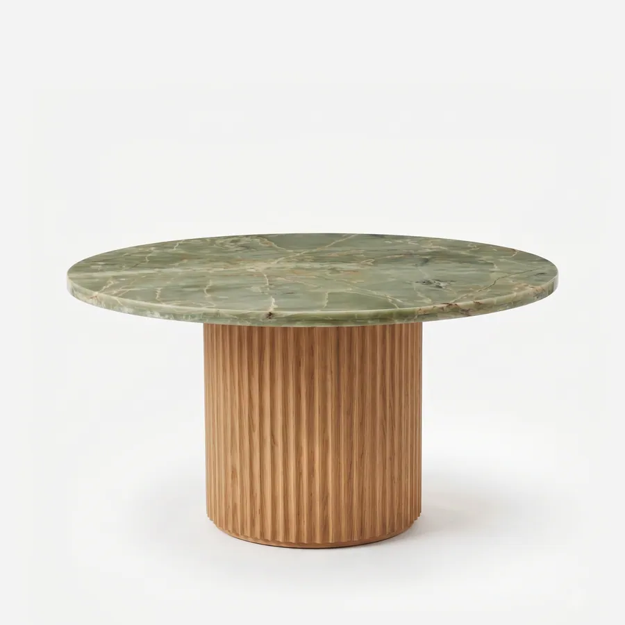 Nera Dining Table dining table — red oak wood fluted column base in a natural finish, broad and cylindrical, carrying a round top in Sienna Verde marb…