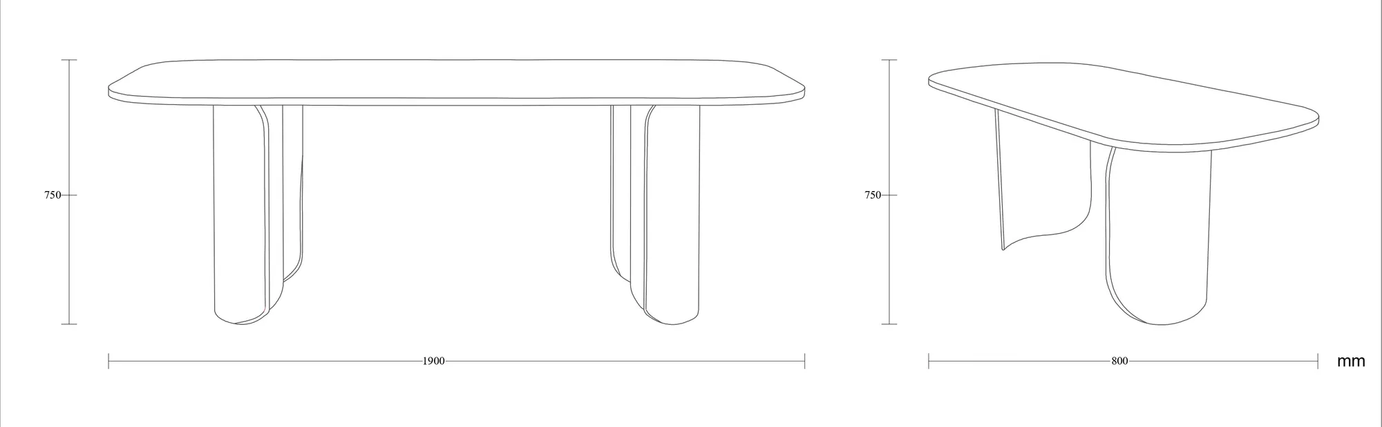 Dimensioned drawing of the Orovia dining table