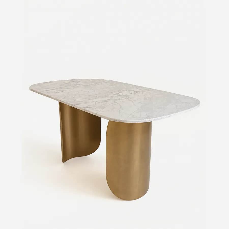 Orovia dining table — a 20 mm thick White Carrara marble top, supported by a plywood underlay for added strength and stability
