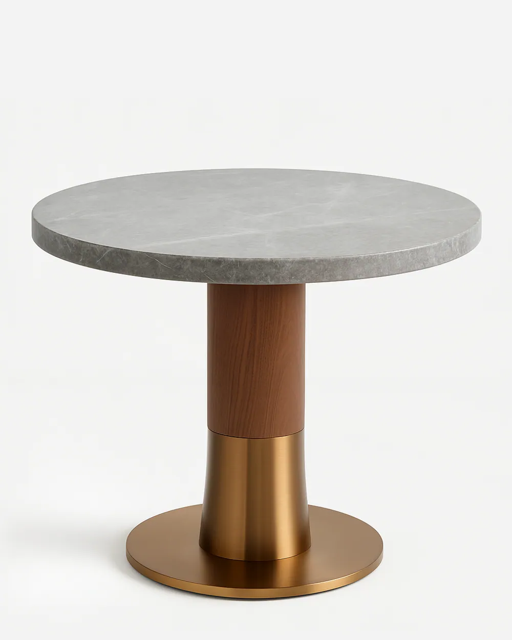 Soria dining table — a round grey marble tabletop with a smooth, honed finish rests on a sculpted column base combining solid wood with a…