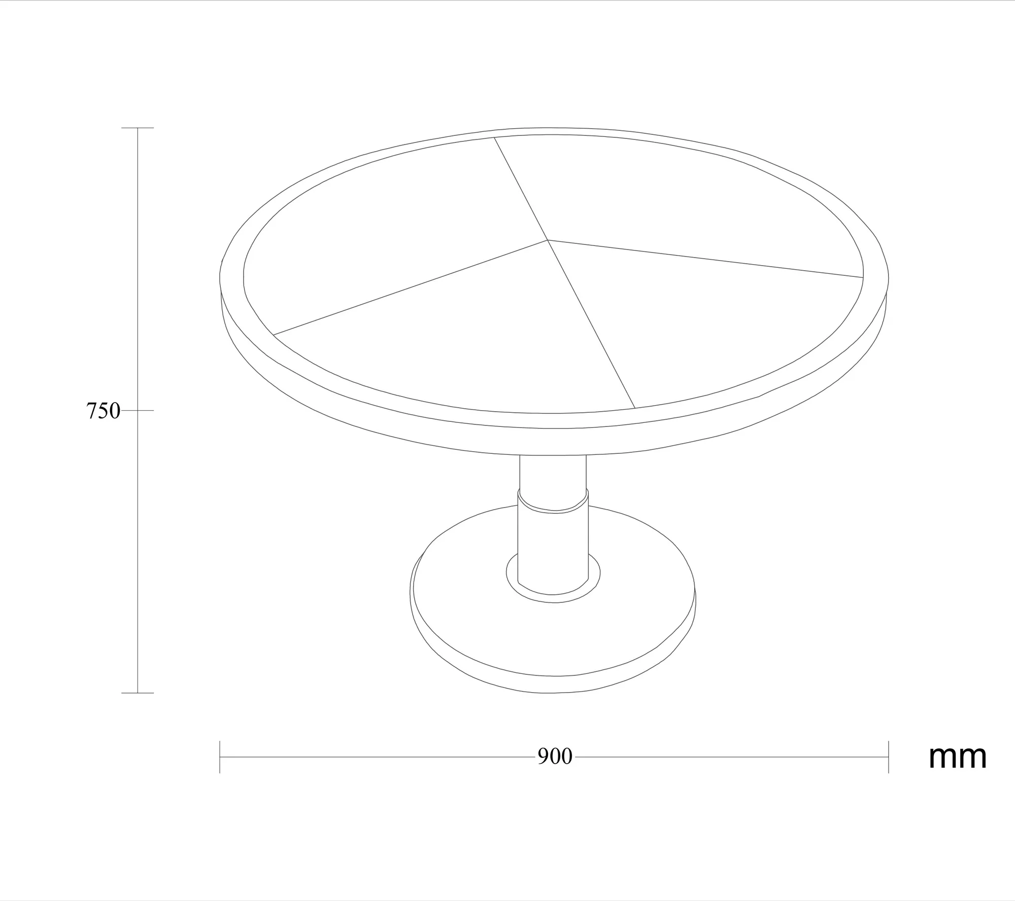 Dimensioned drawing of the Seren dining table
