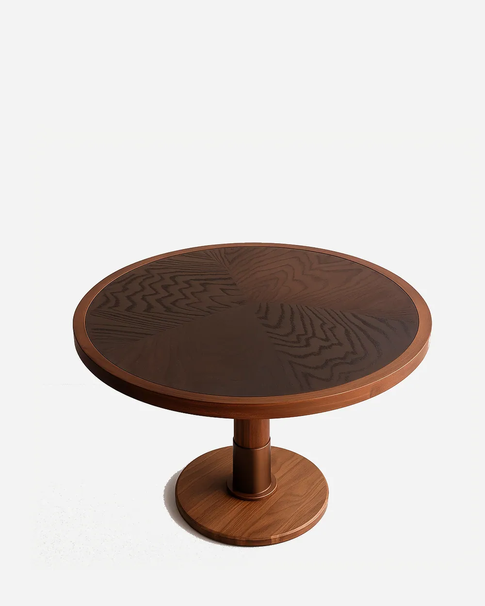 Seren dining table — the tabletop features an inset MDF core finished in burlwood veneer, framed in solid beech wood with a walnut stain