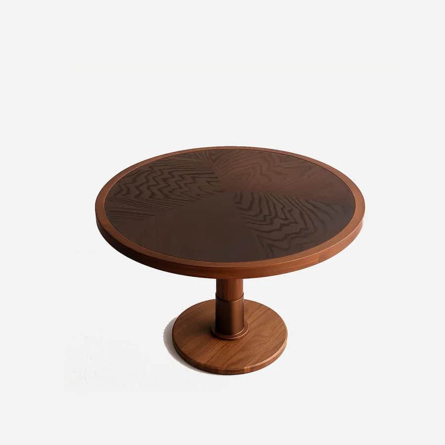 Seren dining table — the tabletop features an inset MDF core finished in burlwood veneer, framed in solid beech wood with a walnut stain