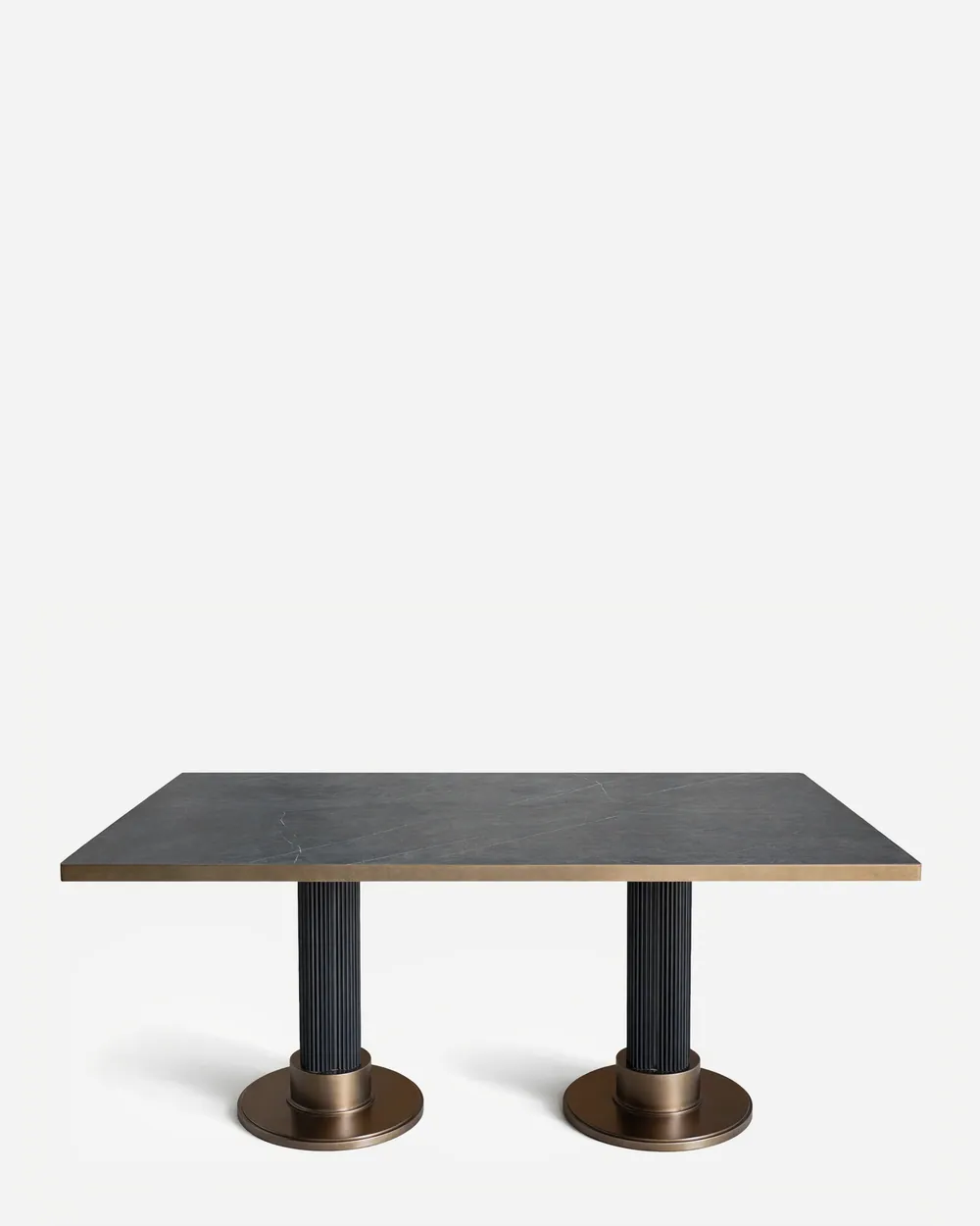 Takai Dining Table dining table — red oak open grain fluted columns in a charcoal stain, with collars, round base plates and a slim top edging in elect…