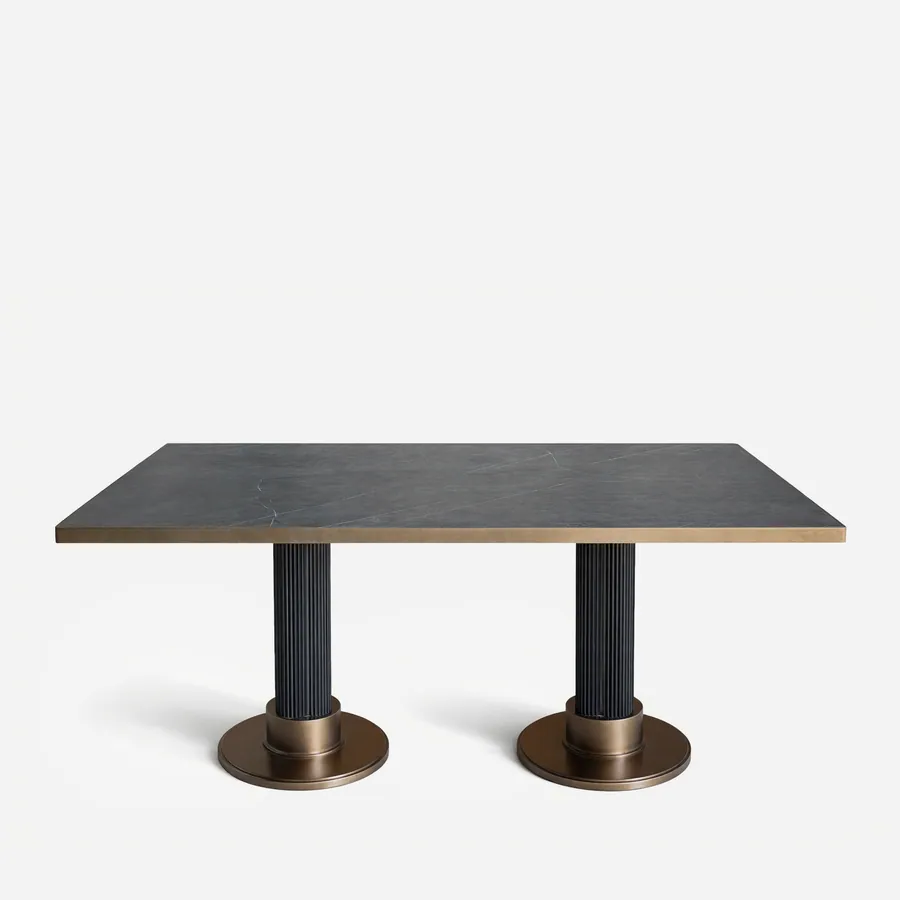 Takai Dining Table dining table — red oak open grain fluted columns in a charcoal stain, with collars, round base plates and a slim top edging in elect…