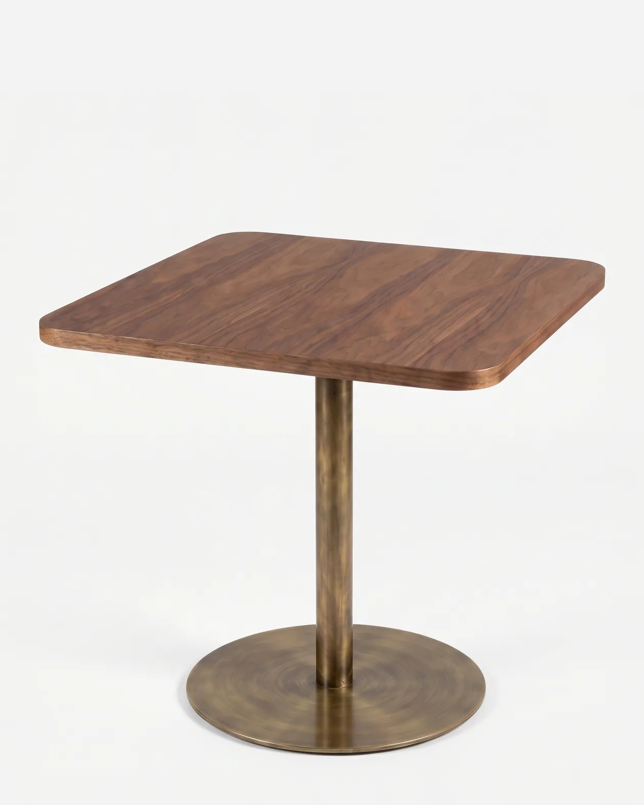 Tova Dining Table dining table — walnut wood square top in a natural finish with softly rounded corners, set on a slim column and round base plate in…