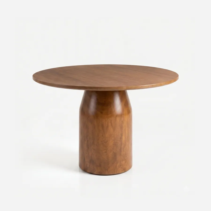 Verona Dining Table dining table — iroko wood in a walnut stain, with a slim round top on a single wide pedestal whose cylindrical column has softly rou…