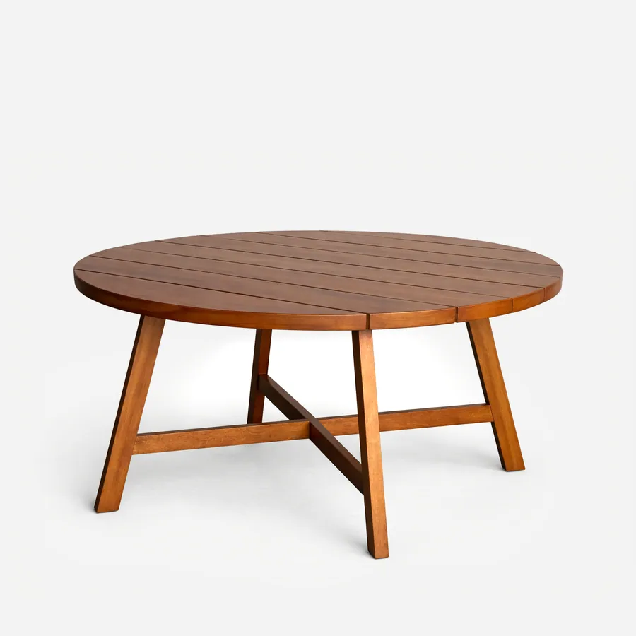 Veso dining table — an outdoor dining table crafted from solid oiled Iroko wood, featuring a 40 mm thick top with clean straight-cut edge…