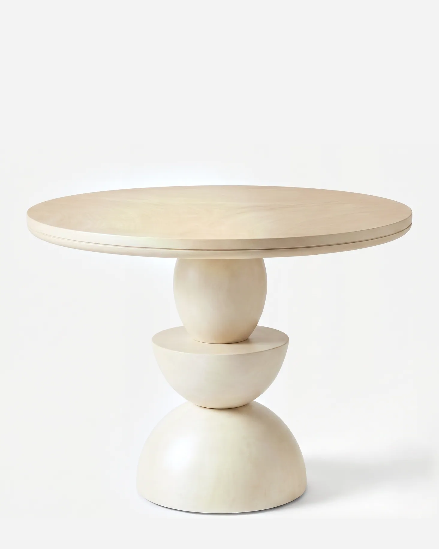 Vetra Dining Table dining table — beech wood throughout in a pale natural finish, with a round top on a sculptural stacked base of a sphere, an inverte…