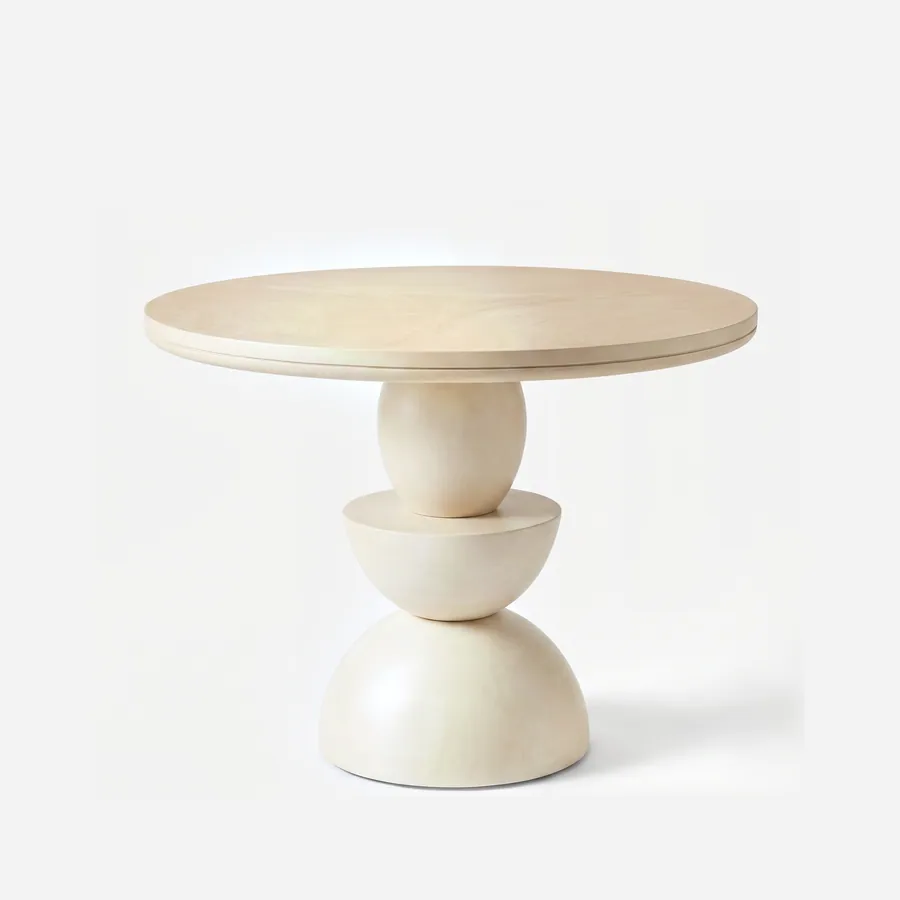 Vetra Dining Table dining table — beech wood throughout in a pale natural finish, with a round top on a sculptural stacked base of a sphere, an inverte…