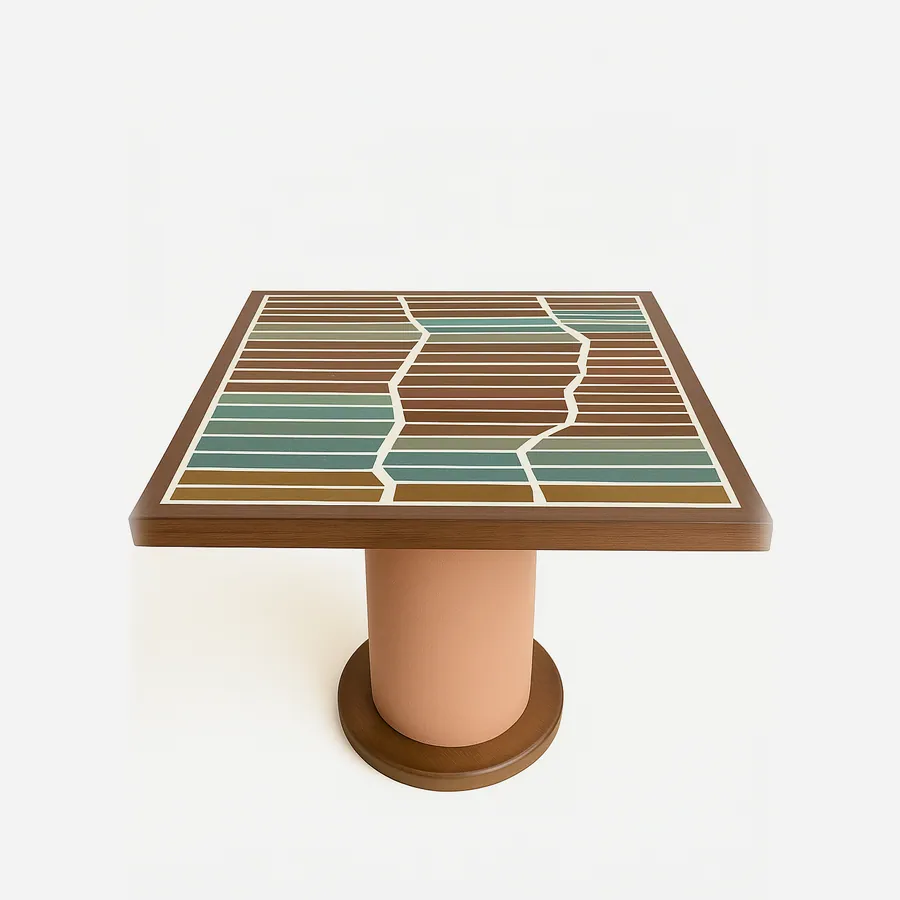 Zerra dining table — the tabletop features ceramic tiles framed with Meranti wood lipping, finished with a crisp straight-cut edge detail
