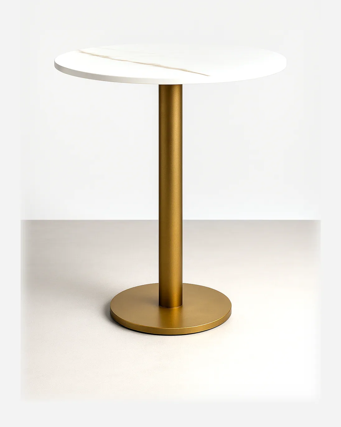 Faro high table — 20 mm thick quartz top with a polished pencil-round edge, supported by an MDF underlay and finished with an SS electr…