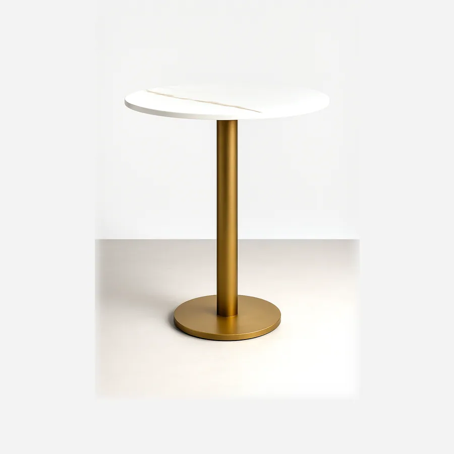 Faro high table — 20 mm thick quartz top with a polished pencil-round edge, supported by an MDF underlay and finished with an SS electr…