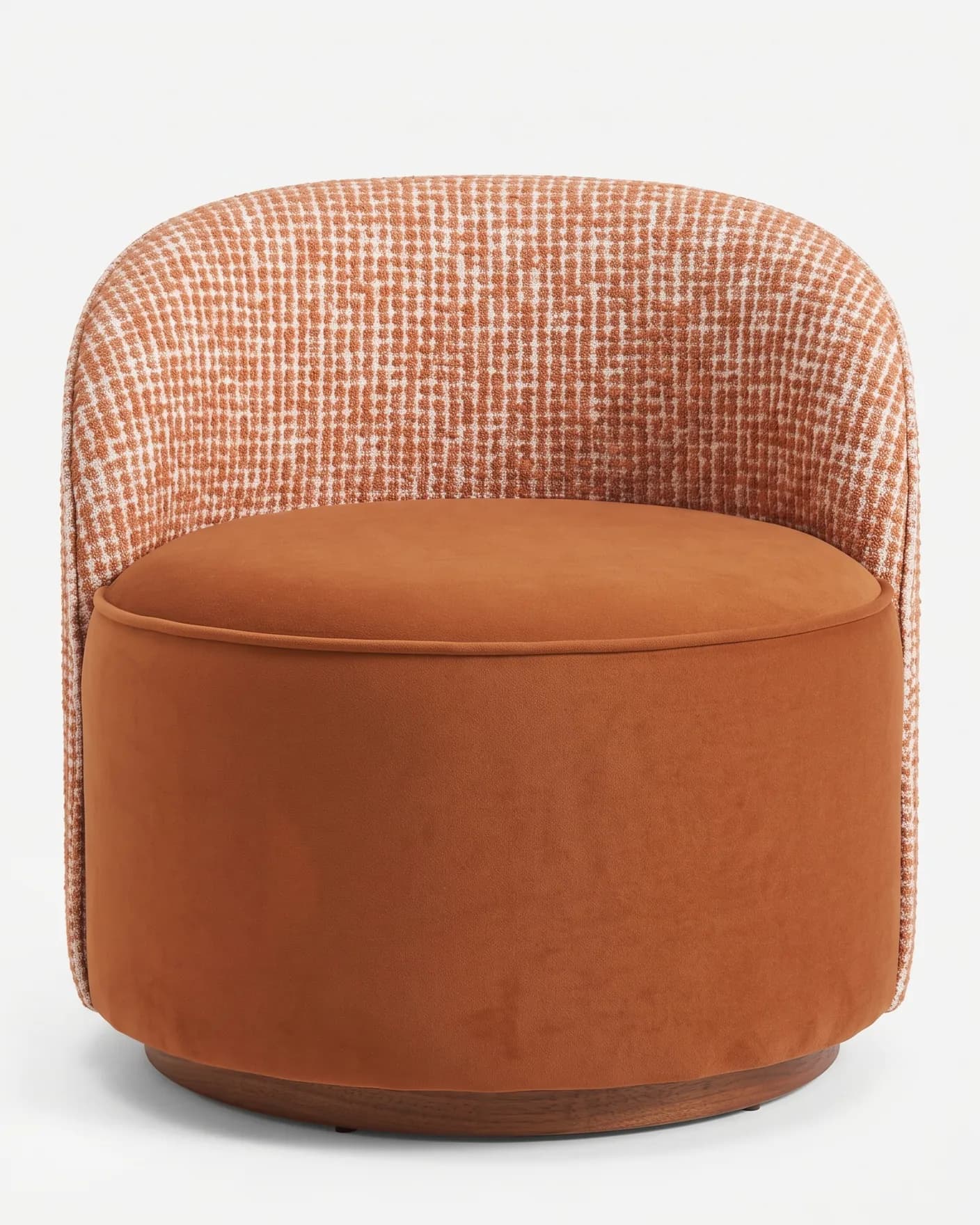 Canyon Lounge Chair lounge chair — walnut wood plinth base, with a seat in velvet and a shell back in textured fabric; the rounded back wraps into the s…