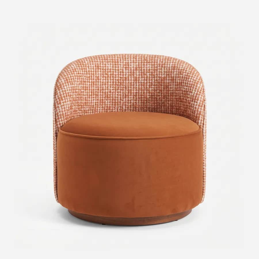 Canyon Lounge Chair lounge chair — walnut wood plinth base, with a seat in velvet and a shell back in textured fabric; the rounded back wraps into the s…