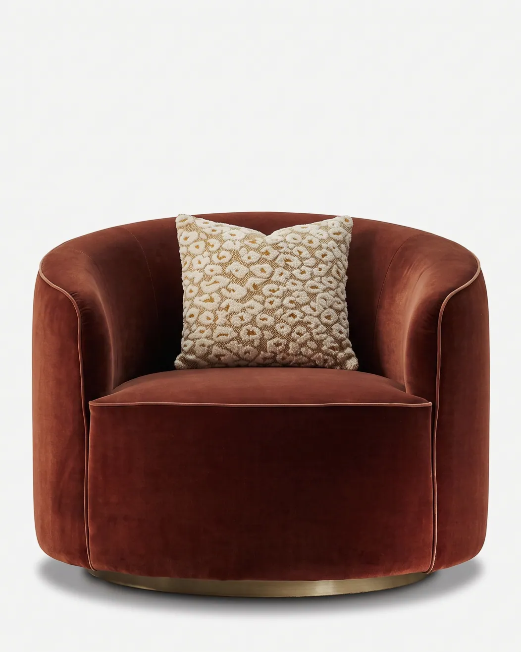 Flint Lounge Chair lounge chair — low plinth in electroplated brushed brass, upholstered in velvet, as a rounded tub chair with a curved back wrapping…