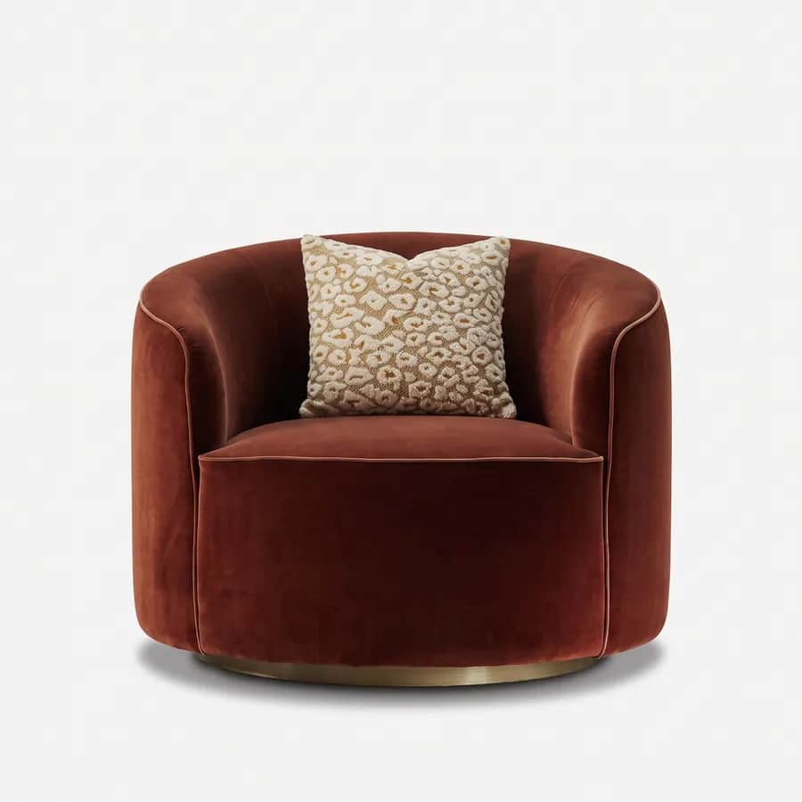 Flint Lounge Chair lounge chair — low plinth in electroplated brushed brass, upholstered in velvet, as a rounded tub chair with a curved back wrapping…