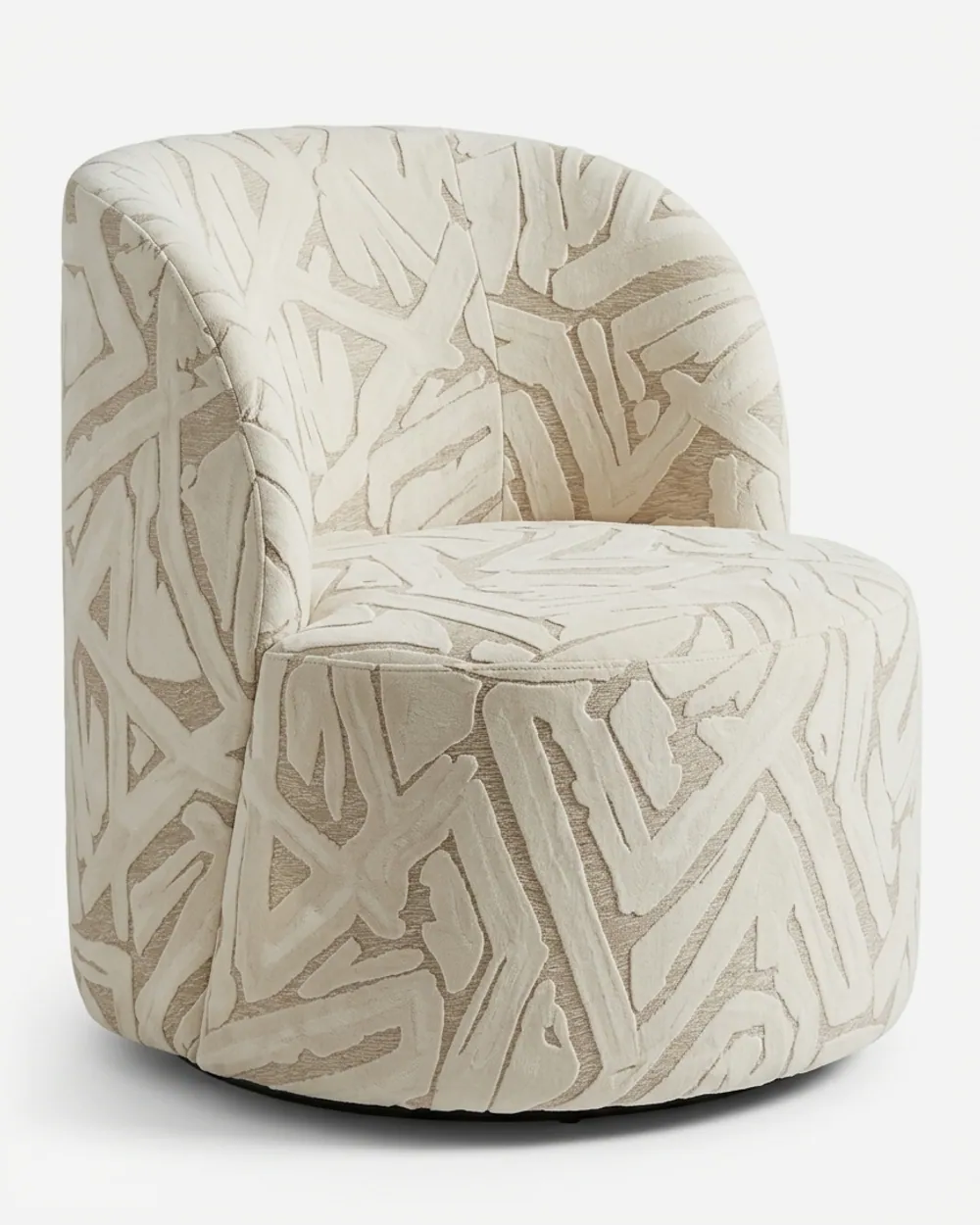 Halo Lounge Chair lounge chair — fully upholstered in pattern velvet, as a drum-shaped chair with a rounded back that sweeps down into one side, set o…