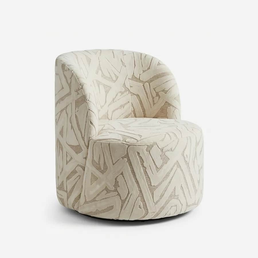 Halo Lounge Chair lounge chair — fully upholstered in pattern velvet, as a drum-shaped chair with a rounded back that sweeps down into one side, set o…