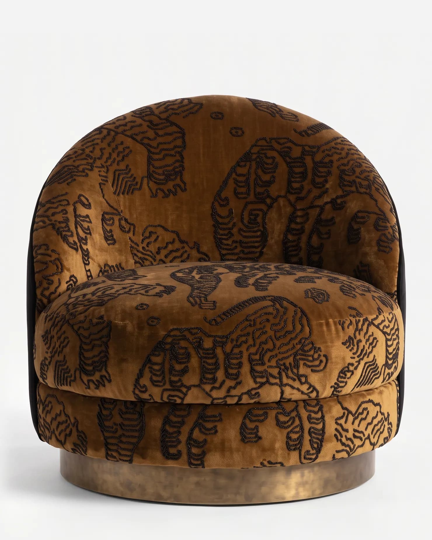 Haven Lounge Chair lounge chair — circular plinth in electroplated brass-antique, with the inner shell and seat in pattern velvet and the outer back in…