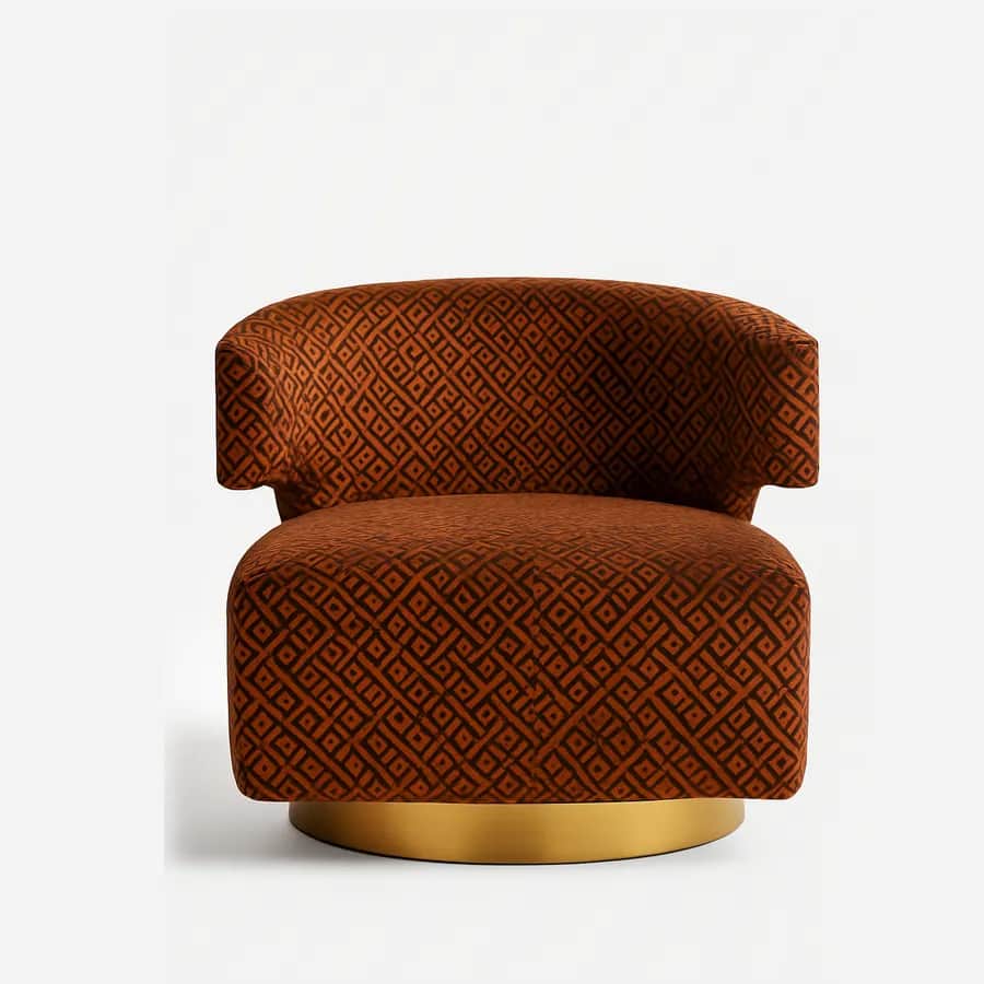 Isaro Lounge Chair lounge chair — shell fully upholstered in patterned fabric, finished with an SS electroplated metal skirting