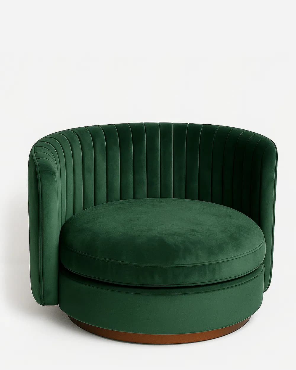 Milos Lounge Chair lounge chair — fully upholstered in rich green velvet, finished with a walnut-stained wooden skirting