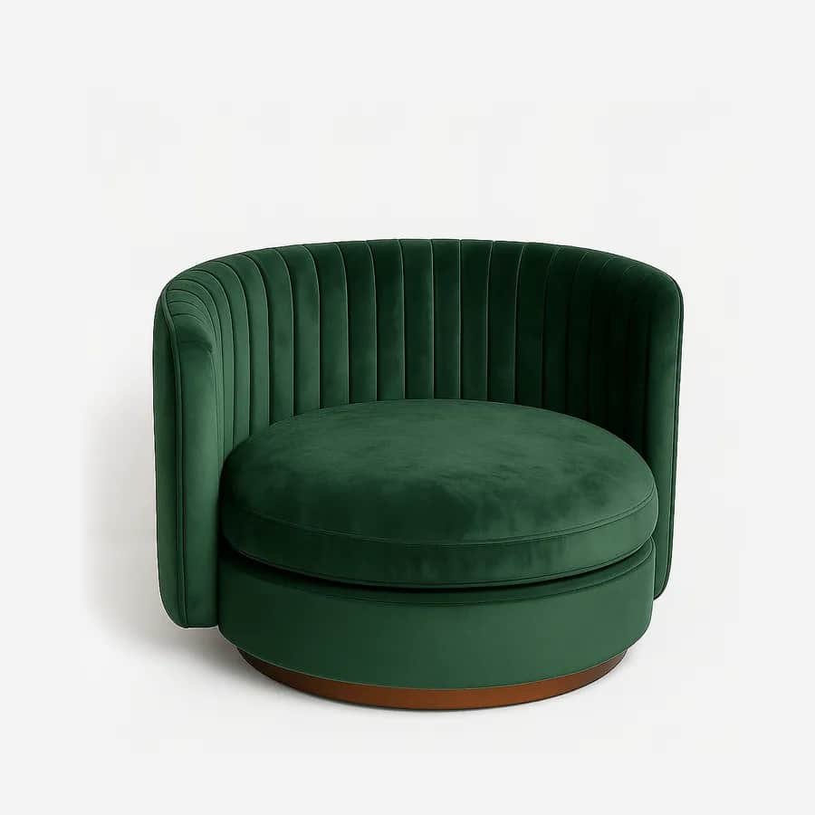 Milos Lounge Chair lounge chair — fully upholstered in rich green velvet, finished with a walnut-stained wooden skirting