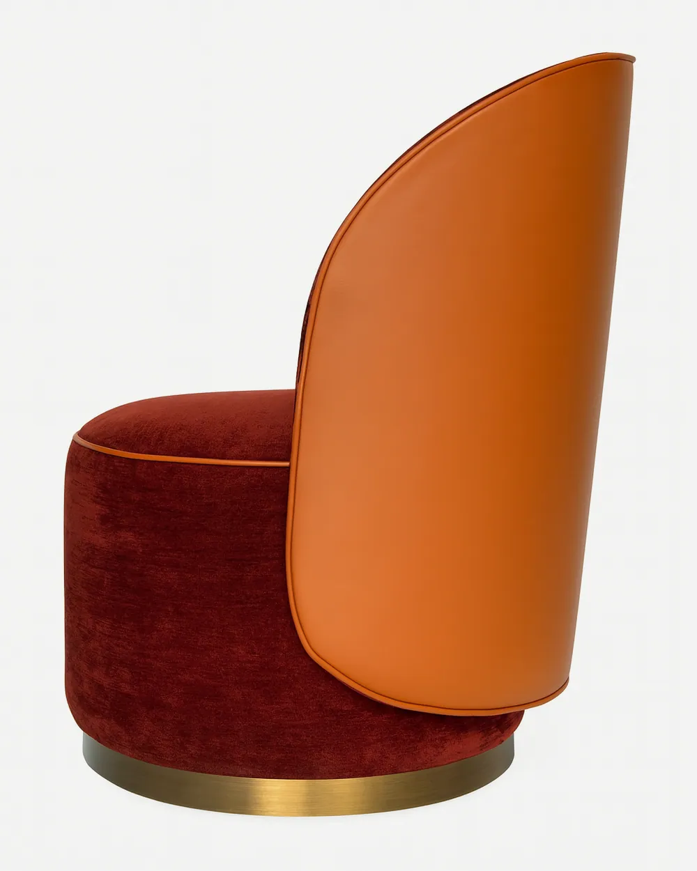 Talora Lounge Chair lounge chair — fully upholstered with piping detail, featuring a leather outer back and a fabric seat and inner back