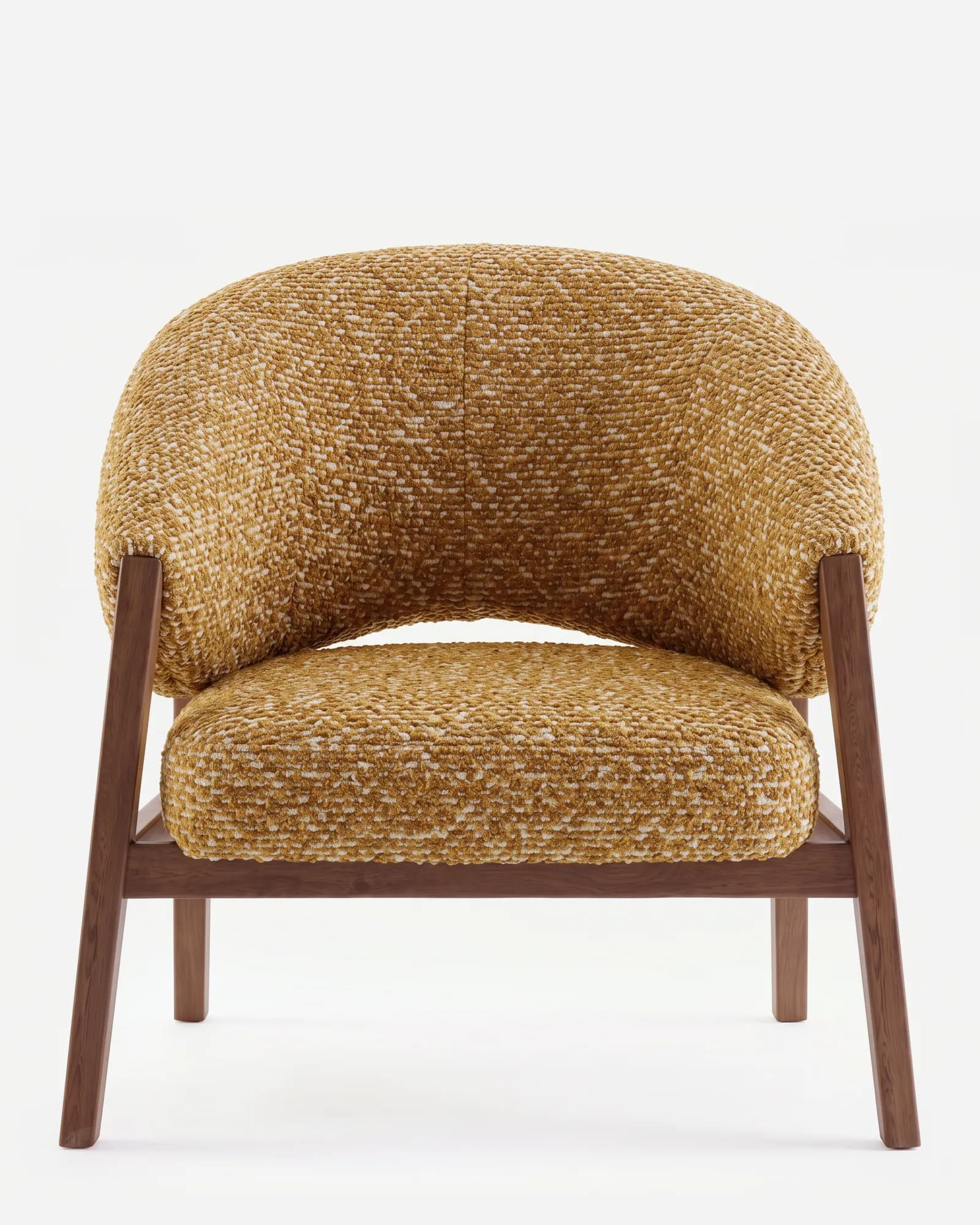 Vale Lounge Chair lounge chair — walnut wood frame with angled side supports and a low stretcher, upholstered in a textured bouclé fabric, cradling a…