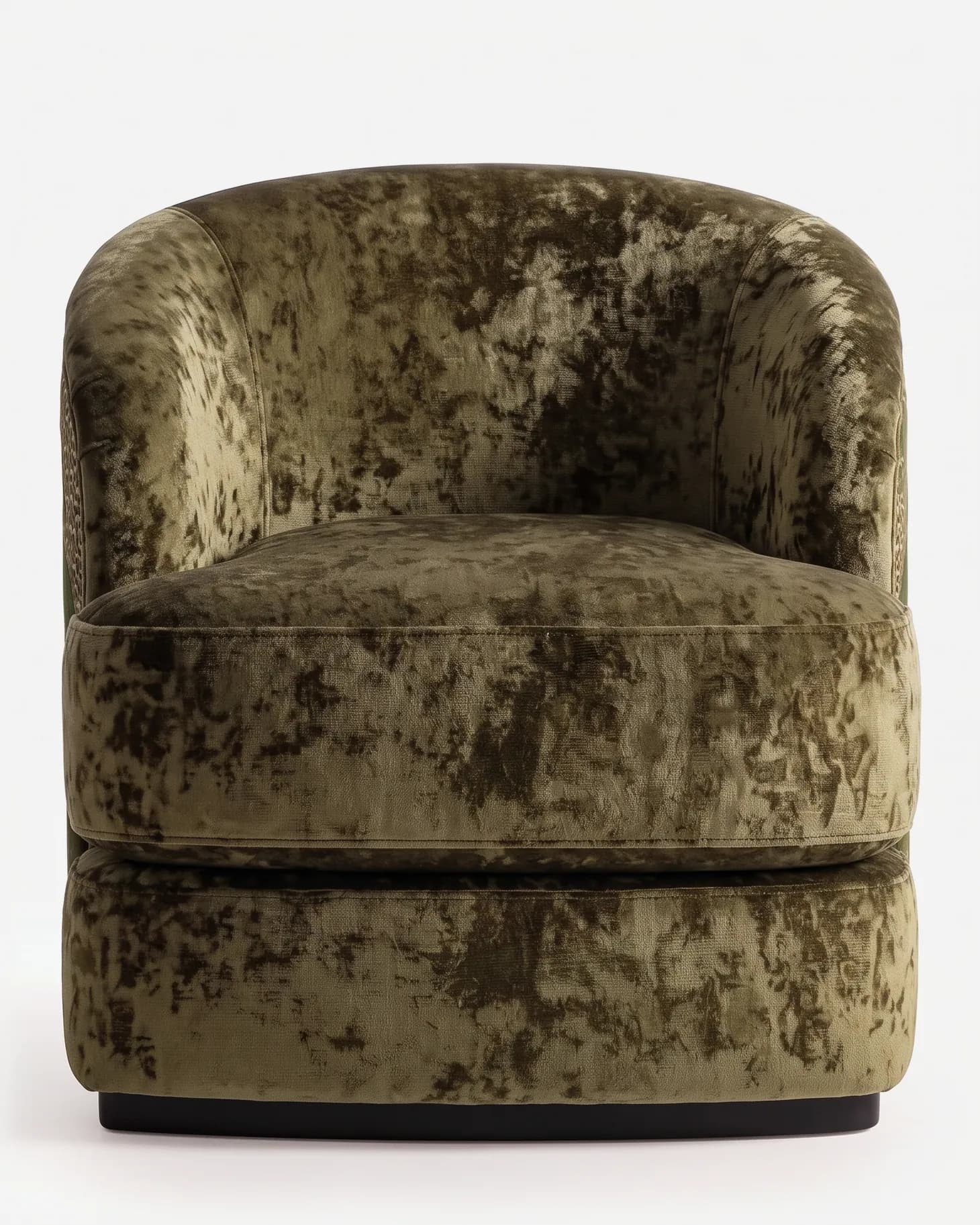 Willow Lounge Chair lounge chair — fully upholstered barrel chair in crushed velvet, with a pattern velvet outer back, a rounded back wrapping into the…