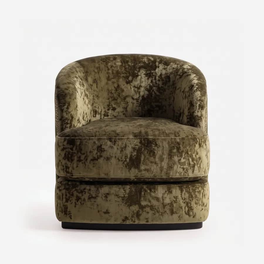 Willow Lounge Chair lounge chair — fully upholstered barrel chair in crushed velvet, with a pattern velvet outer back, a rounded back wrapping into the…