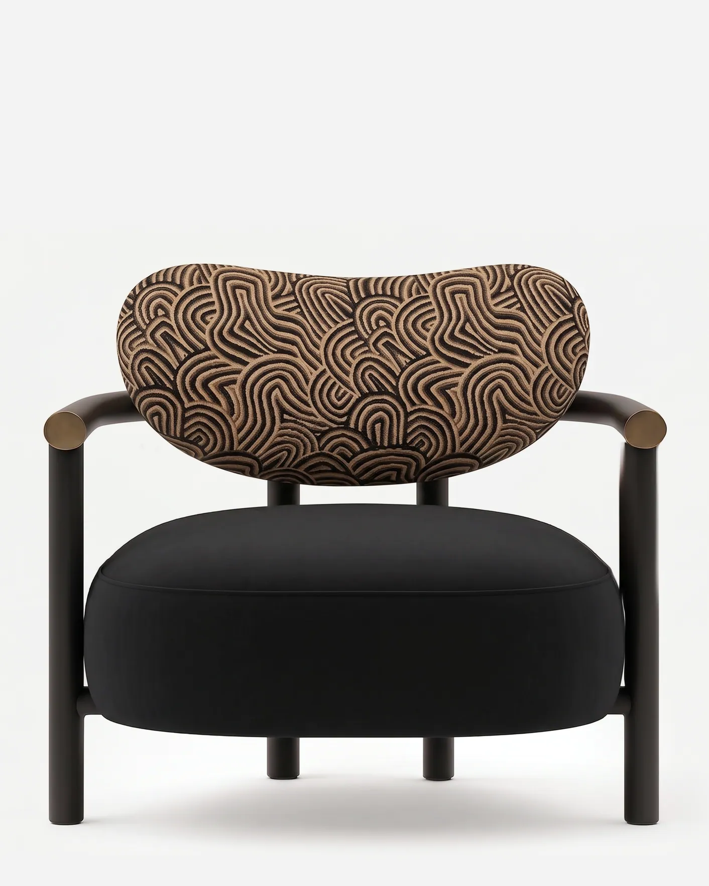 Zephyr Lounge Chair lounge chair — red oak frame in a walnut stain with rounded arms capped in electroplated brushed brass, a velvet seat cushion and a…