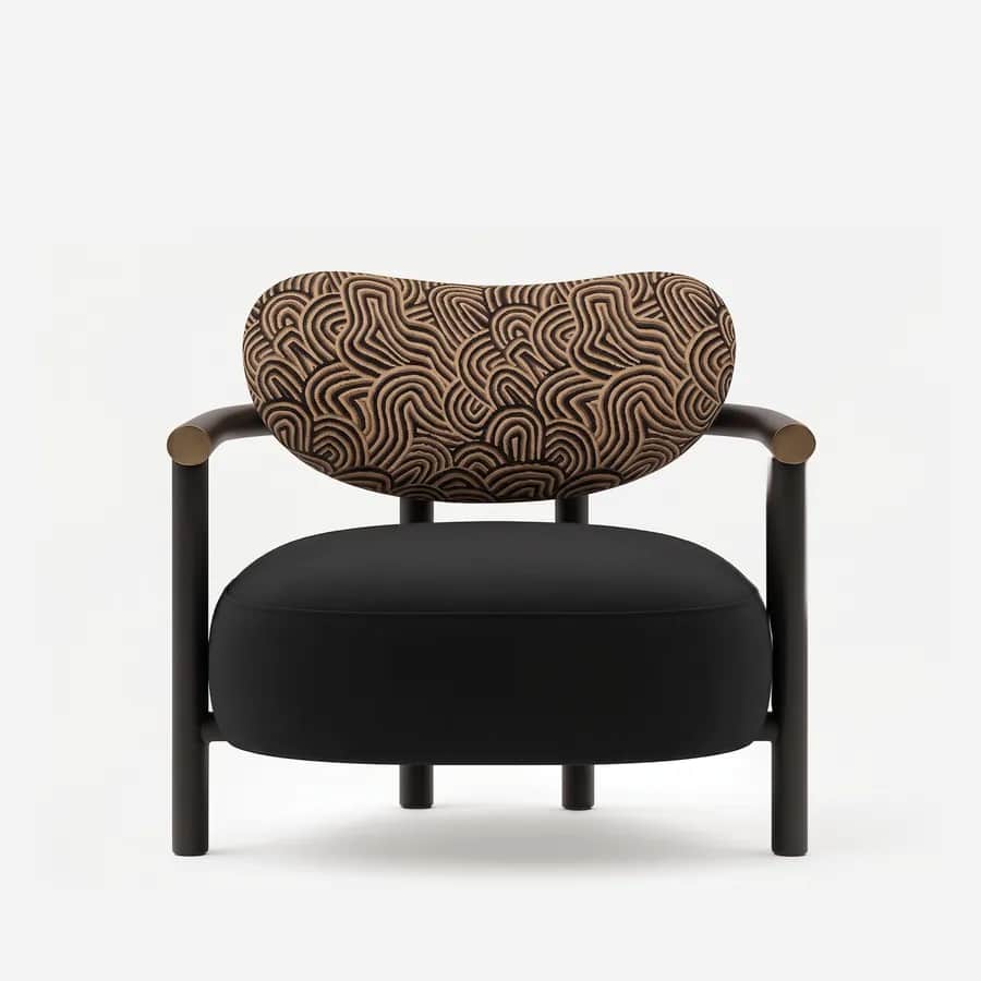 Zephyr Lounge Chair lounge chair — red oak frame in a walnut stain with rounded arms capped in electroplated brushed brass, a velvet seat cushion and a…
