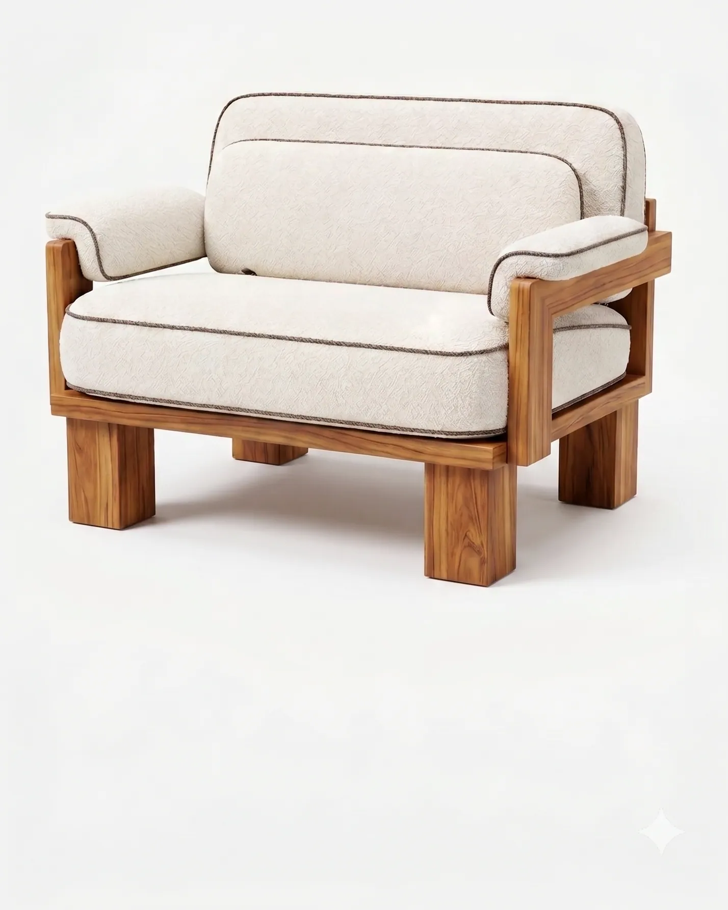 Alma Lounge Chair lounge chair — chunky Iroko wood frame on low block legs with flat open arms, finished with deep seat and back cushions in textured…