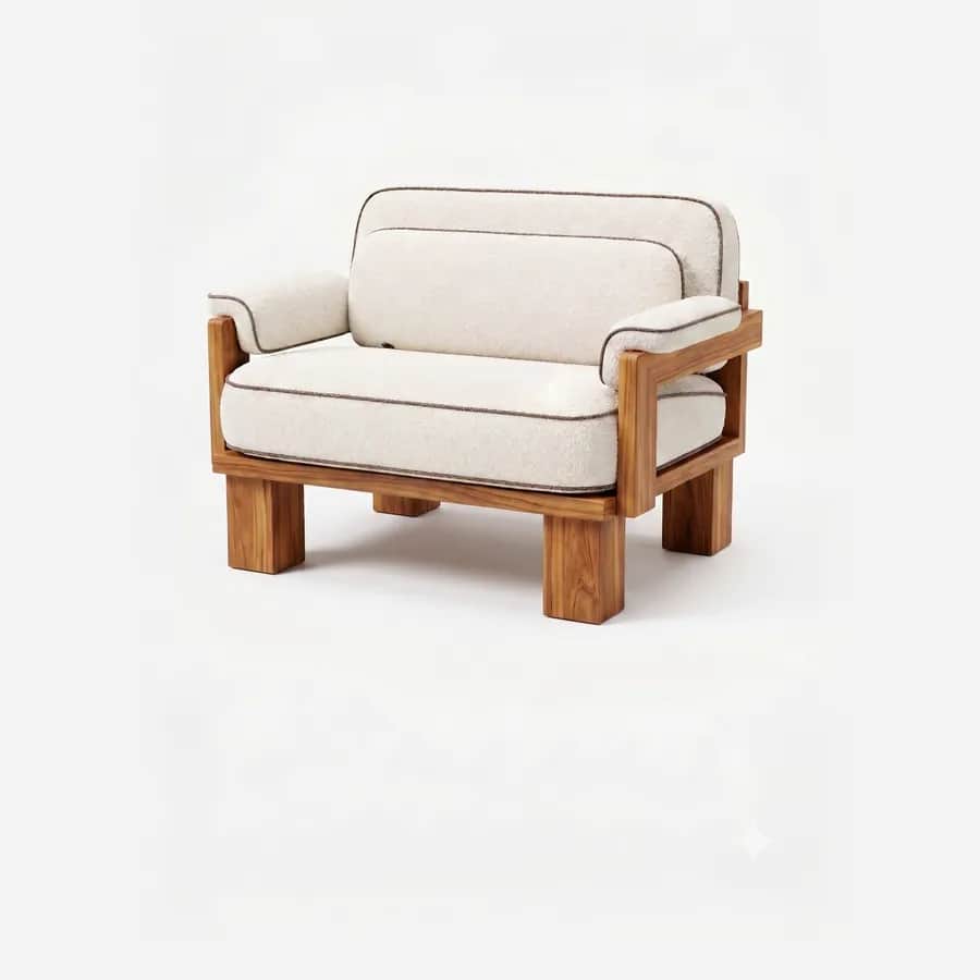 Alma Lounge Chair lounge chair — chunky Iroko wood frame on low block legs with flat open arms, finished with deep seat and back cushions in textured…