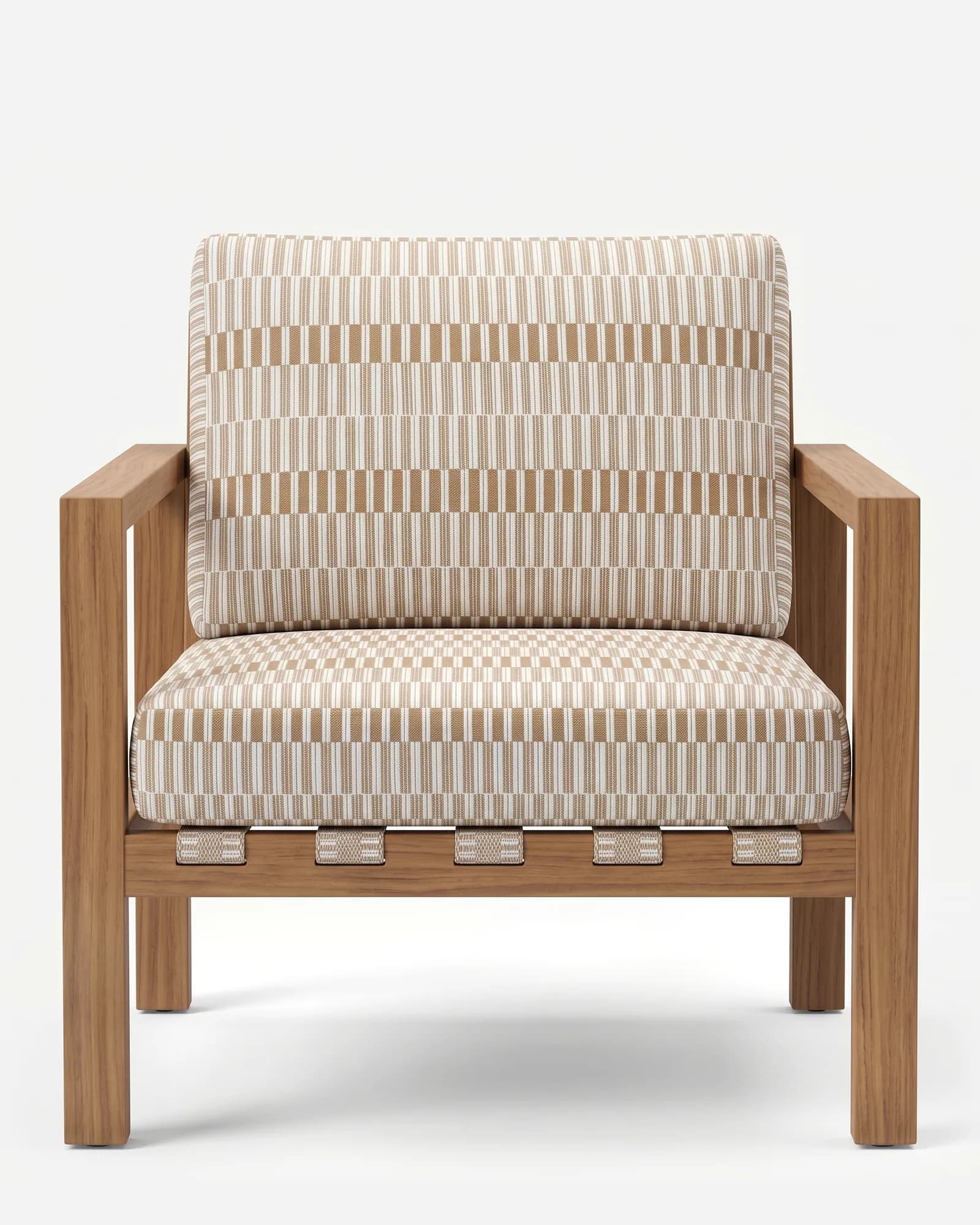 Bria Lounge Chair lounge chair — iroko wood frame with square-section legs, flat arms and a slatted back, with a strap-woven seat finished with seat a…