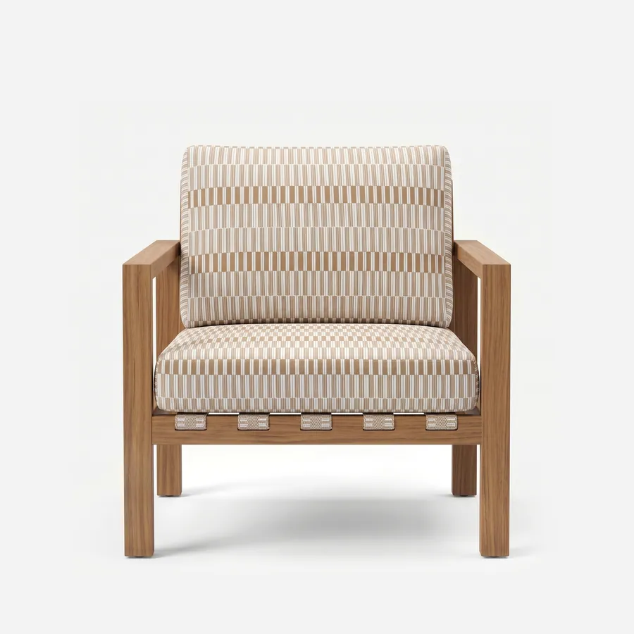 Bria Lounge Chair lounge chair — iroko wood frame with square-section legs, flat arms and a slatted back, with a strap-woven seat finished with seat a…