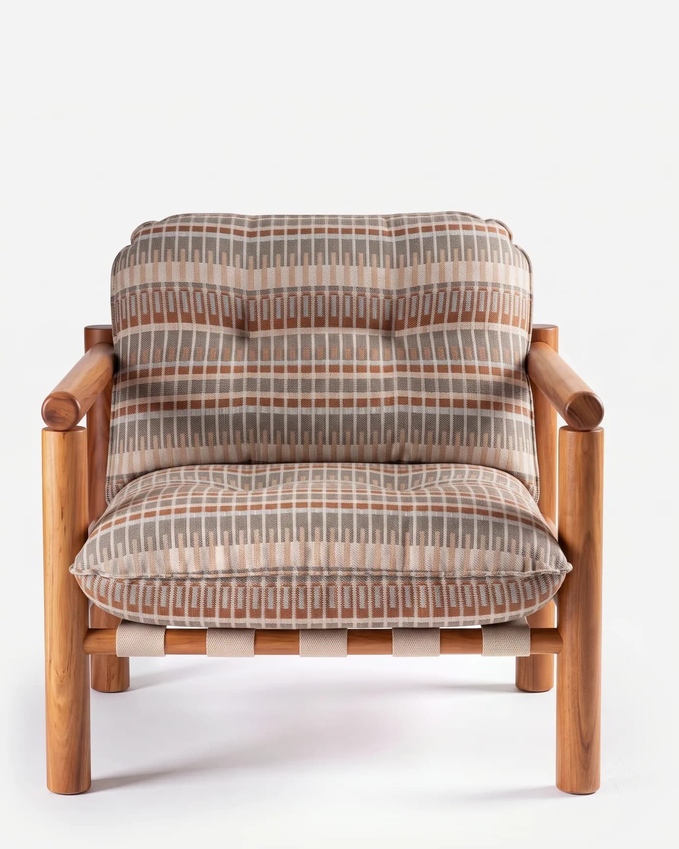 Cael Lounge Chair lounge chair — round-section Iroko wood frame with open arms and a slatted back panel, with a strap-woven seat finished with tufted…