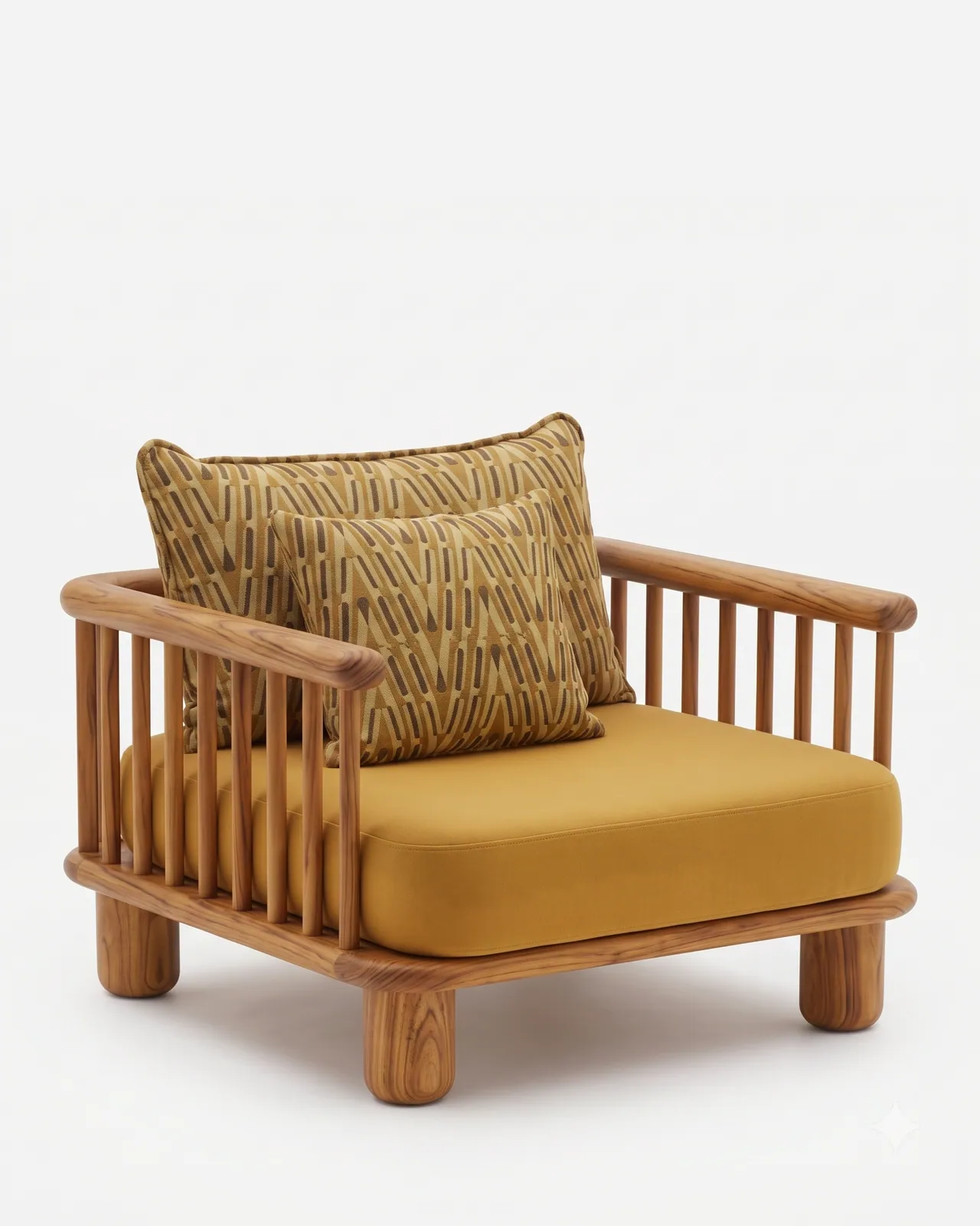 Etta Lounge Chair lounge chair — iroko wood frame with spindle sides and back rising from a rounded base on short turned feet, with a seat cushion in…